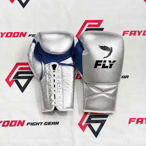 Fly New Model Silver & <b>Green</b> Custom Made Professional Genuine Leather Boxing Gloves <b>Laced</b> Up Hook & Loop Sparring Gloves - Product Image 4