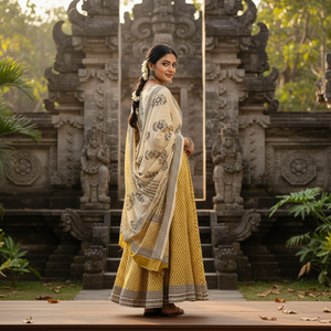 Conjunto de Pijama Kurti Sarong de Algodón Floral Amarillo Beige |   Ropa de Playa para Mujer de Alta Calidad con Estampado Artesanal |   Traje Étnico Hecho a Mano - Product Image 3