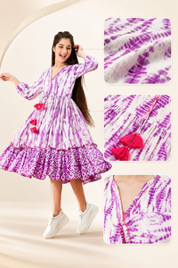 Robe en coton tie-dye bohème pour femme, élégante, col en V, manches élastiques, coupe fluide, ourlet à volants, robe midi décontractée pour l'été et les occasions festives - Product Image 6
