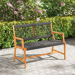 Banc d'extérieur en bois d'acacia pour 2 personnes avec dossier et accoudoirs en corde tressée pour terrasses - Product Image 1