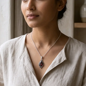Classic Sterling Silver Garnet Pendant <b>Necklace</b> Water Drop Shape Bezel Setting Figaro Chain Unisex Everyday Wear Jewelry - Product Image 6