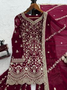 Designer Thread With Sequence Work Faux Georgette <b>Top</b> With Sharara Bottom And Dupatta Fully Stitched Ready To Wear Set - Product Image 4