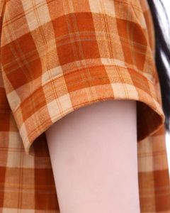 Custom Orange And Beige Plaid Womens Short Sleeve Button Up Shirt Casual Summer Lightweight Breathable <b>Checkered</b> <b>Top</b> With Pocket - Product Image 5