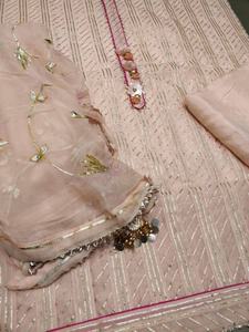 2021 Hot Selling Hand Embroidered Salwar Kameez Beautiful Peach Gota Patti Chanderi Shirt with Dupatta Dress Suit <b>Fabric</b> - Product Image 2