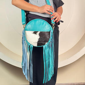 2025 diseño de lujo turquesa flecos redondos encanto occidental y estilo Boho moderno cuero de vaca genuino bandolera bolsos Casuales - Product Image 4