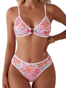 Conjuntos de bikini blancos con estampado floral rosa, disponibles para compras B2B. Fabricación personalizada segura, etiquetado privado y cantidades mínimas bajas. - Product Image 1