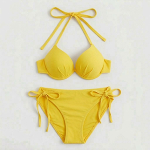 Nouveau Maillot de Bain Deux Pièces OEM Sexy Couleur Unie Halter pour Femme, Tenue de Plage Personnalisée, Col en V Profond - Product Image 2