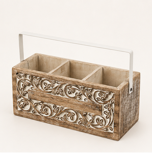 Handcrafted Mango Wood Cutlery Holder With Metal Handle Rustic Farmhouse Utensil <b>Caddy</b> With 3 Compartments For <b>Kitchen</b> Organizer - Product Image 1