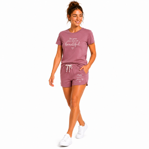 Women's Purple Cotton T-Shirt & Shorts Set With Inspirational Print Breathable Pullover Tops And Drawstring Shorts For Adults - Product Image 4