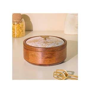 Boîte ronde moderne en bois pour chapati, chauffe-roti, casserole avec couvercle imprimé pour cuisine de luxe, service et rangement - Product Image 5