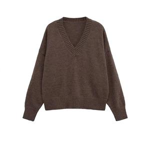 Pull en tricot uni pour femme, style rétro, col en V, décontracté, style européen, polyester et coton, appliques sur le devant - Product Image 2