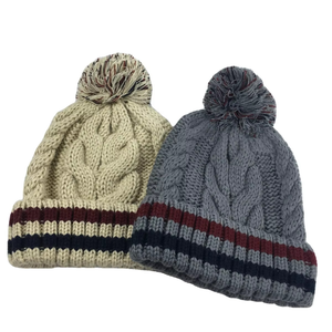 Unisex Knitted Beanie <b>Hat</b> Cable Knit Pom Pom Striped Cuff Winter <b>Warm</b> Cap Casual Style for Adults - Product Image 2