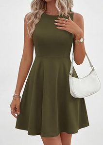 Robe décontractée d'été sans manches à col rond, coupe ajustée trapèze, en maille unie, mini, respirante, pour le travail, les fêtes, en Spandex/Polyester, style streetwear - Product Image 4
