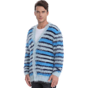 Custom LOGO Fuzzy Mohair Striped Sweater <b>Men</b> Fashion Long Sleeve Knitwear Winter Knitted Coat Furry <b>Men</b> Cardigan Mohair Sweater - Product Image 4