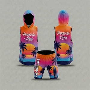Paradise Vibes Sleeveless Hooded <b>Vest</b> Set Island Life Print Quick Dry Polyester Summer Unisex Sportswear - Product Image 1
