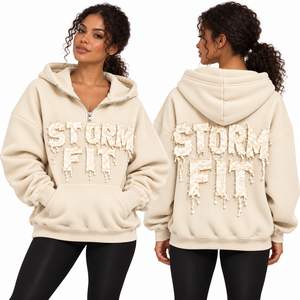 Sudadera con capucha beige para mujer, media cremallera, ajuste Storm Fit, aplique de letras, hombros caídos, bolsillo canguro, forro polar casual, estilo urbano, cortavientos - Product Image 3