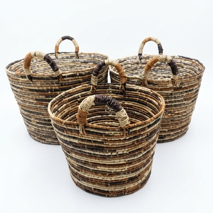 Ensemble de paniers de rangement en jonc de mer naturel, à rayures, ovales et coniques, avec poignée en arche, pour plantes et décoration de table, artisanat d'art pur pour la décoration intérieure - Product Image 1
