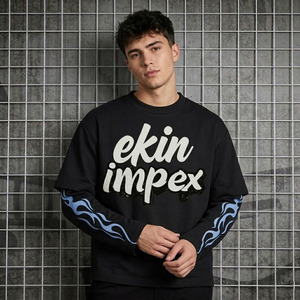Ekin Impex Men's Black Long Sleeve Crewneck T-<b>Shirt</b> Street Style Printed Letter Design Full Sleeve <b>Flame</b> Pattern Casual <b>Shirt</b> - Product Image 3
