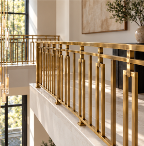Modern Premium Gold Tone Metal Staircase <b>Railing</b> with Geometric Rectangular Bar Balusters for Contemporary Interiors - Product Image 4