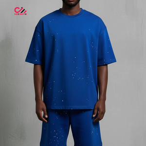 Ensemble T-shirt et short pour homme, imprimé à pois bleus, décontracté, été, coton, coupe ample, respirant, tricoté - Product Image 1