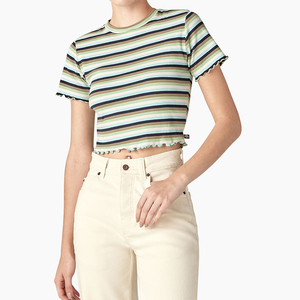 Camiseta Corta a Rayas Premium para Mujer, 100% Algodón, Cuello Redondo, Manga Corta, Informal, Personalizable, OEM, Marca Privada, Venta al Por Mayor - Product Image 1