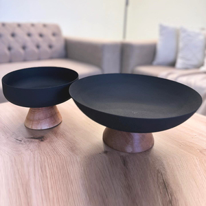 Minimalist Matte Black Metal Serving Bowl Set Elevated On Smooth Pedestal Wooden Bases Ideal For Contemporary Tabletop Displays - Product Image 2