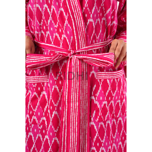 Bata de Baño Kimono para Mujer 100% Algodón Puro, Estampado Floral Ikat Rosa sin Costuras de Ridhi's, Transpirable para Primavera y Otoño - Product Image 5