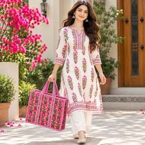 Bolsa de Mano de Lona de Algodón Bordada con Flores, Ribete de Rayas Dulces, Estilo Clásico, Cierre de Cremallera, Alta Calidad, Gran Capacidad, Para Todas las Temporadas - Product Image 2