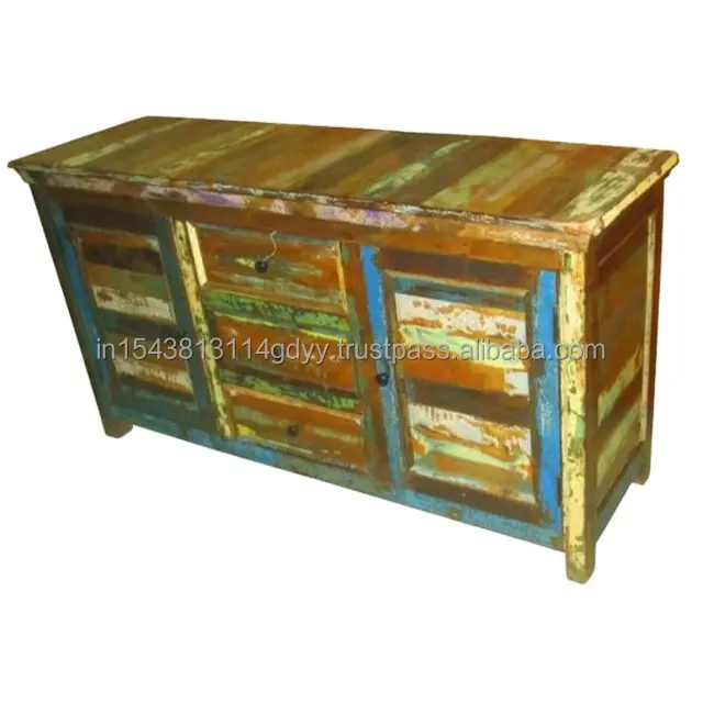 Цветная консоль для буфета ручной работы с деревенской отделкой, 2 двери, лодка, мебель из переработанной древесины, мебель из переработанной древесины, Индия, 3 ящика