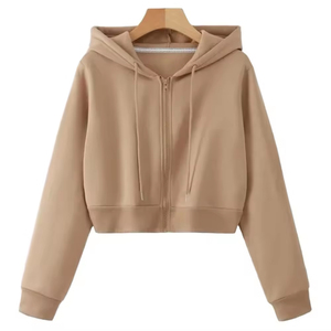Sudadera con capucha corta para mujer, personalizada, informal, con cremallera completa, ecológica, de secado rápido, para fitness, con logo frontal, de tejido de algodón polar, con hombros caídos - Product Image 1