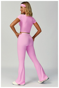 Conjuntos Deportivos de 2 Piezas para Mujer con Ribete Blanco, Tops de Manga Corta y Leggings Anchos, Conjuntos Deportivos Populares para Gimnasio, Yoga y Fitness - Product Image 1