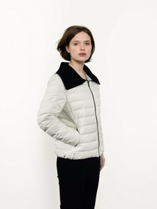 Doudoune blanche en duvet avec col noir, coupe classique, fermeture éclair, style décontracté unisexe pour l'hiver - Product Image 2
