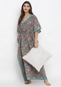 2021 été Collection multicolore main bloc imprimé fleuri cravate taille caftan doux coton Turquoise écologique tissé tissage - Product Image 2
