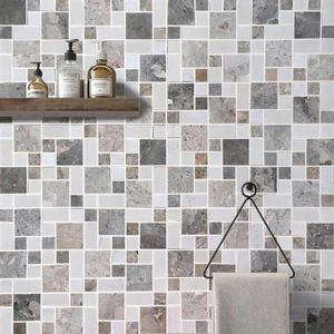 Mosaïque en pierre naturelle, carreaux de marbre multicolores, carrés, modernes, pour murs intérieurs, gris et blanc, 8 mm d'épaisseur, résistants à l'eau, écologiques, garantie 5 ans - Product Image 3