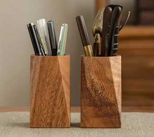 Geometric Walnut Wood Pen <b>Holder</b>: Handmade Desk Organizer - Product Image 1