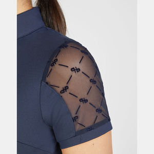 Navy Blue High Neck Short Sleeve Top With Mesh Shoulder Panels And Front Keyhole Detail - Product Image 2