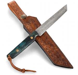 Cuchillo utilitario de acero de Damasco hecho a mano con mango de madera estabilizada azul y funda de cuero grabado. - Product Image 4