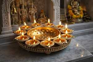 Candélabre circulaire en métal avec supports pour diya, pour les activités religieuses et les décorations festives - Product Image 1
