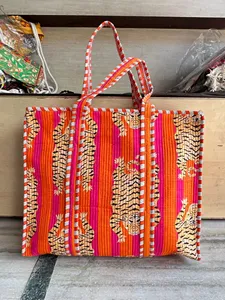 Women <b>Quilted</b> Cotton Tote Bag with Tiger Hand Print Bohemian Style Casual Zipper Travel Daily Use <b>Handbag</b> for Women - Product Image 3