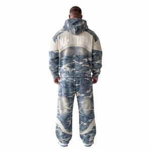 Men Blue <b>White</b> Camouflage <b>Zip</b> <b>Up</b> Hoodie Tracksuit Set Loose Fit Contrast Panel Streetwear Custom OEM ODM Wholesale - Product Image 2