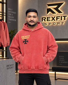 Sweat-shirt à capuche délavé rose corail pour homme, avec emblème graphique, effet vieilli, coupe oversize, style streetwear, personnalisable OEM, vente en gros, haut décontracté - Product Image 1