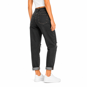 Jeans de Mujer de Cintura Alta, Estilo Boyfriend, Rectos, Desgastados, de Mezclilla, Corte Holgado, Largura al Tobillo, Color Sólido, Estilo Casual Urbano - Product Image 5
