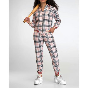 Ensemble de survêtement à carreaux pour femmes, manches longues, fermeture éclair sur le devant, pantalon de jogging décontracté avec poches latérales, vêtements d'automne - Product Image 1