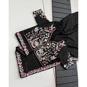 LACE DE TRABAJO BORDADO DE CHIFON ÚLTIMO SAREE CON BLUSA COSTADA NEGRO - Product Image 2