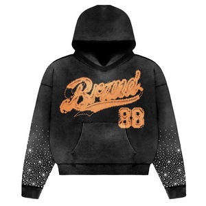 Conjunto de Sudadera con Capucha y Pantalones Jogger con Parches Desgastados y Logotipo de Marca Personalizado, Estilo Y2K, Moda Urbana, con Pedrería, Unisex, para Invierno - Product Image 2