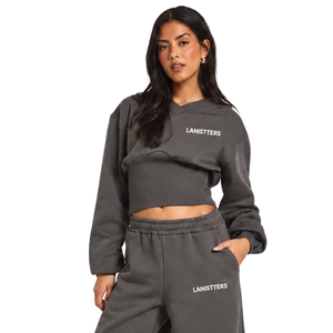 Ensemble de survêtement décontracté deux pièces pour femme : sweat-shirt court à col en V et pantalon de jogging en molleton, coupe décontractée, taille élastique, jambe large, tenue de sport - Product Image 3