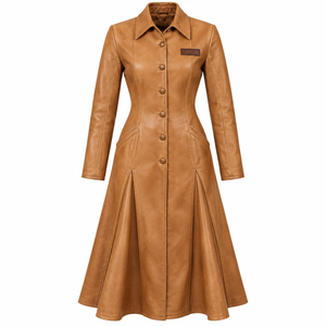Tan <b>Brown</b> <b>Leather</b> Duster Coat Pleated Flare Long Trench <b>Jacket</b> <b>Womens</b> Custom Oem Odm Manufacturing Service - Product Image 1