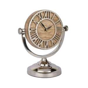 Horloge de bureau rustique en bois avec chiffres romains, cadran rond, support en métal poli, support incurvé, élégante horloge de table pour le bureau et la maison - Product Image 1