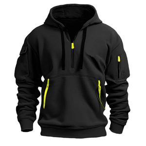 Sweat-shirt à capuche zippé noir pour homme, manches longues, avec poches et cordon de serrage, logo personnalisé, 100 % coton - Product Image 1