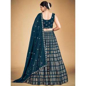 Impressionnant bleu sarcelle paillettes Georgette fiançailles Lehenga Choli - Product Image 3